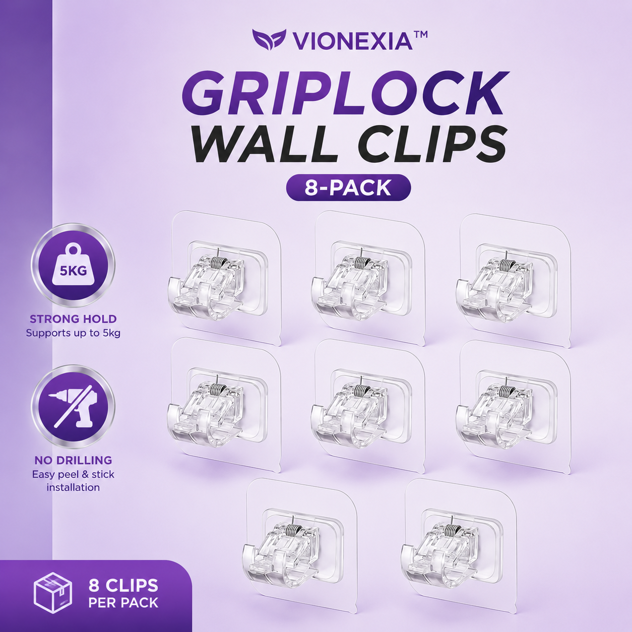 VIONEXIA™ GripLock Wall Clips (8-Pack)