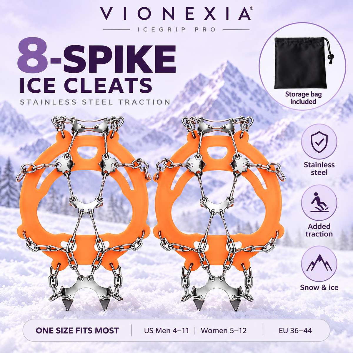 VIONEXIA IceGrip Pro orange ice cleats pair with storage bag and size guide