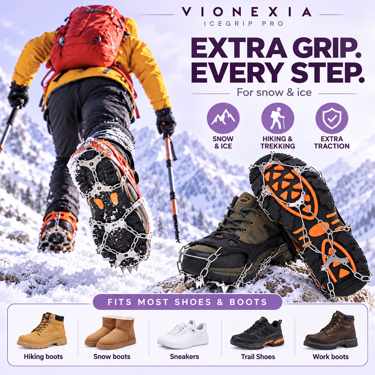 VIONEXIA IceGrip Pro on a snowy trail with compatible footwear examples