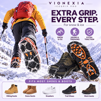 VIONEXIA IceGrip Pro on a snowy trail with compatible footwear examples