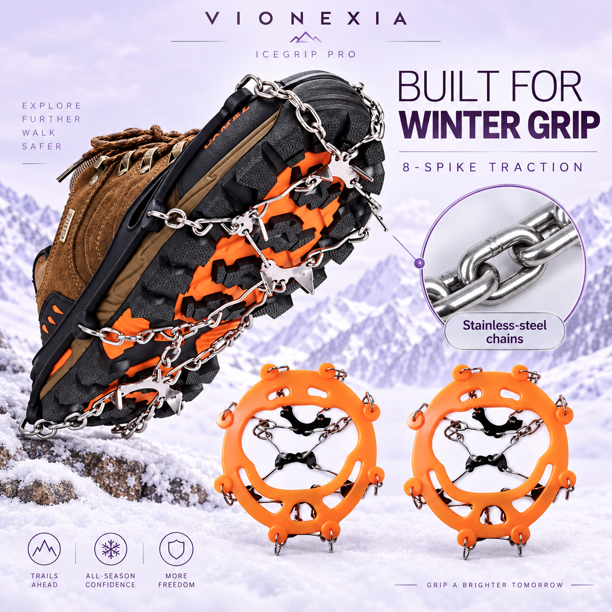 VIONEXIA IceGrip Pro stainless-steel chains and spike detail
