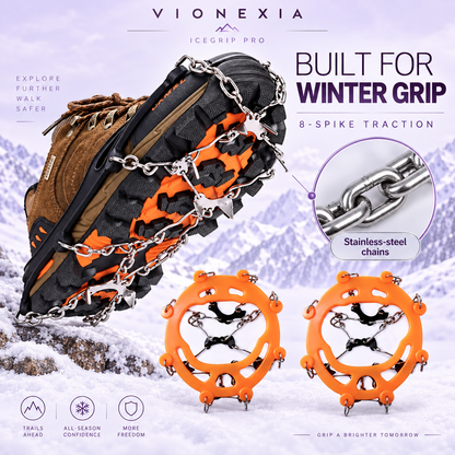 VIONEXIA IceGrip Pro stainless-steel chains and spike detail