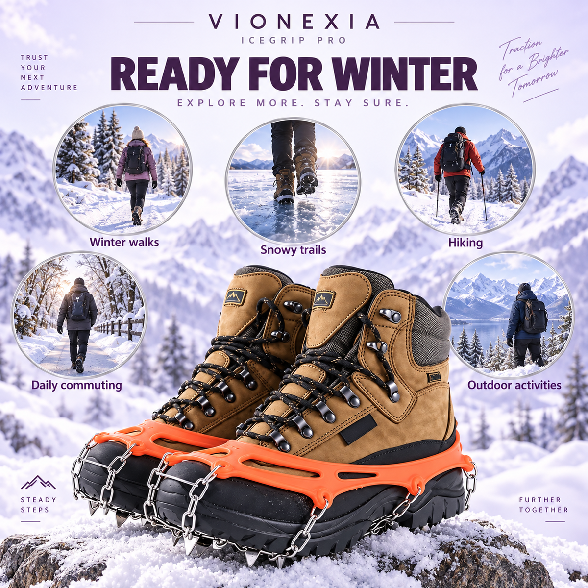 VIONEXIA IceGrip Pro orange ice cleats on hiking boots for winter walks