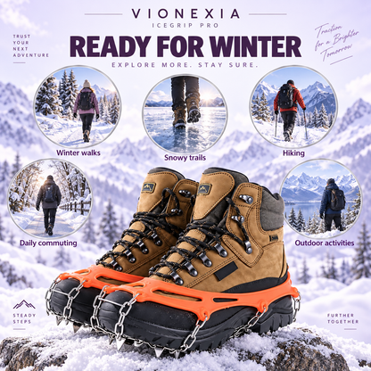 VIONEXIA IceGrip Pro orange ice cleats on hiking boots for winter walks